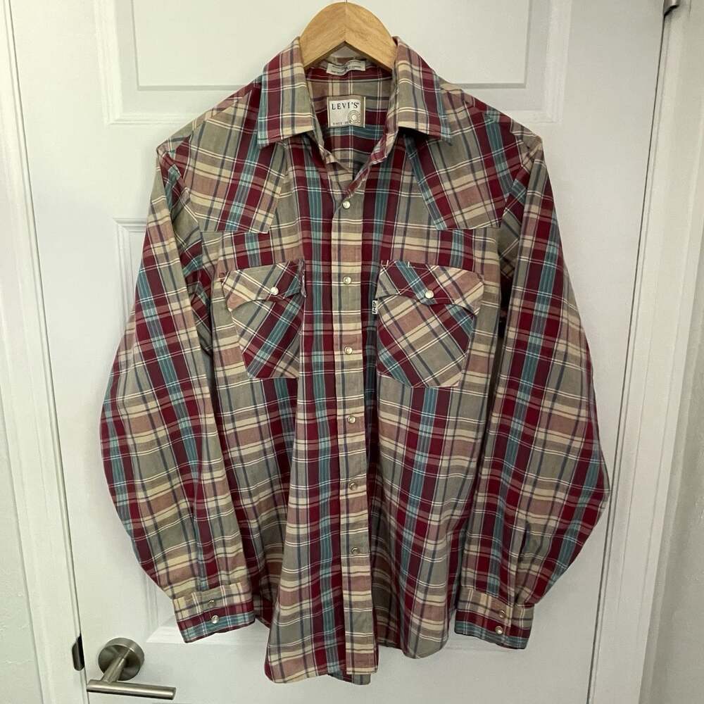 Vintage 90s Levi's Womens M Plaid Western Long Sleeve Snap Button Shirt Pockets